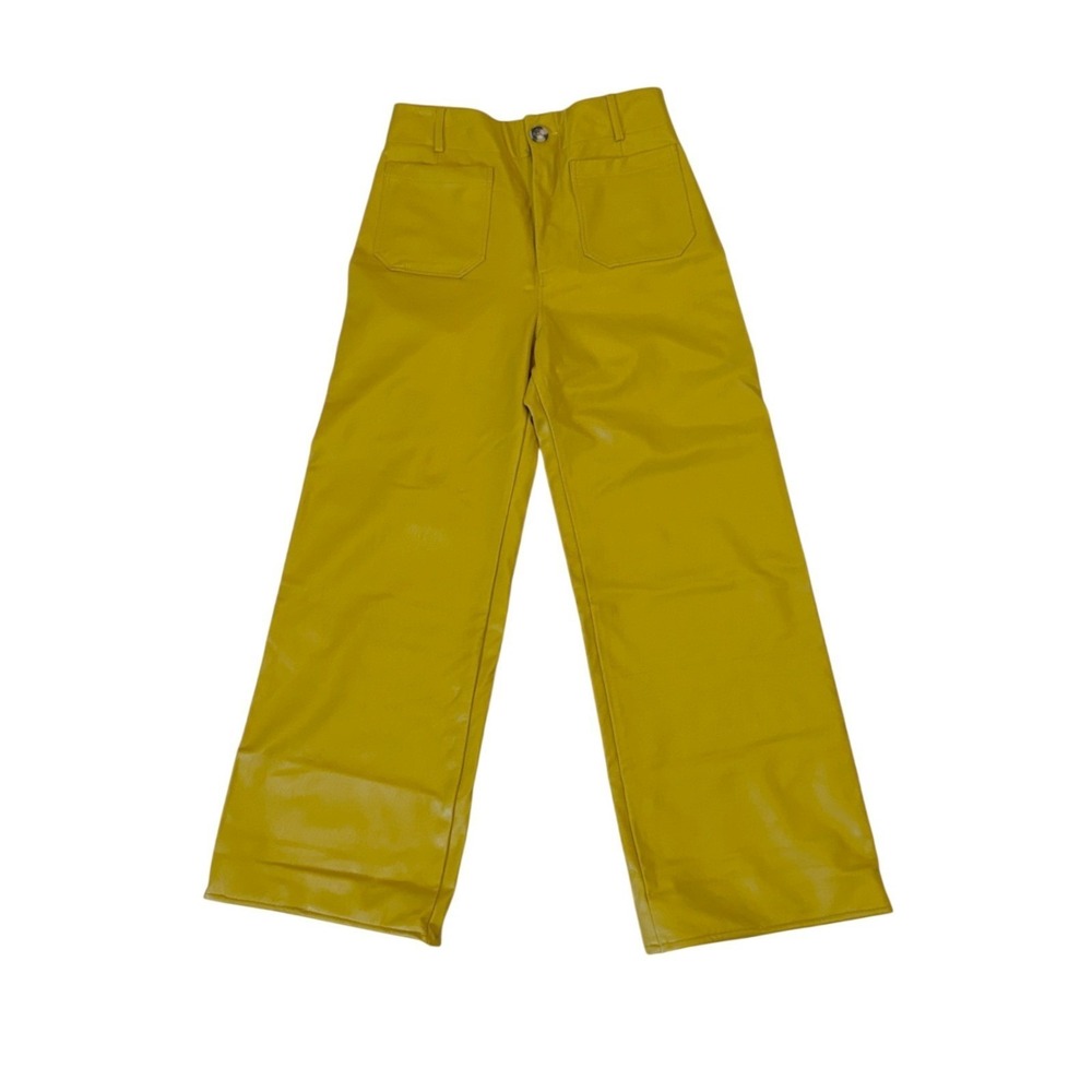 NWOT Maeve Colette 28T Chartreuse Faux Leather Crop Wide Leg Pants Anthropologie
